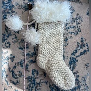 Pottery Barn Cream Knit Stocking with Faux Fur